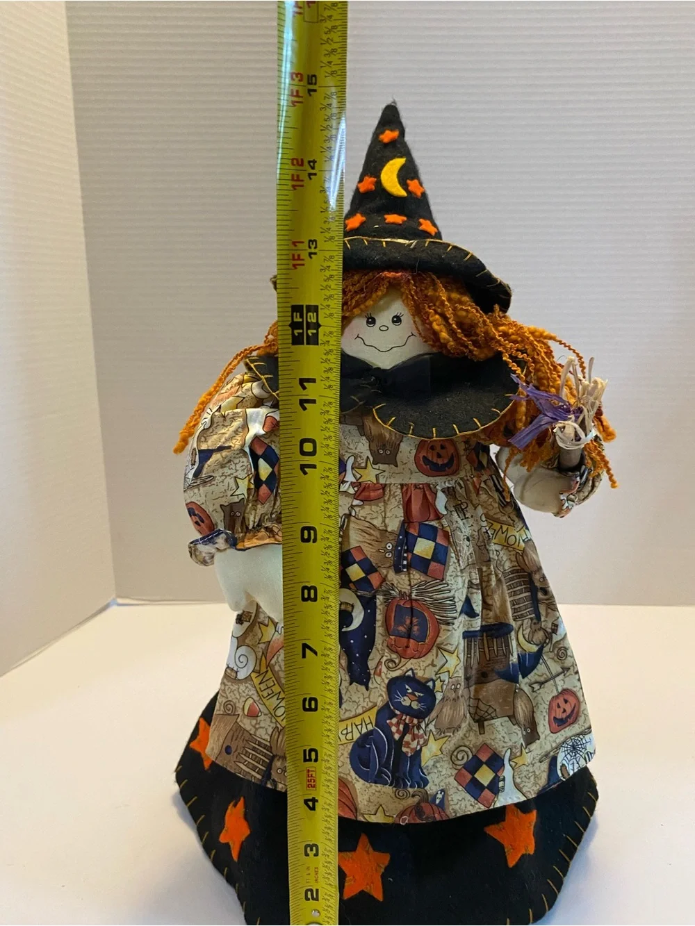 Vintage Witch With Broom Fabric Orange And Black Weighted Bottom Prima Creations